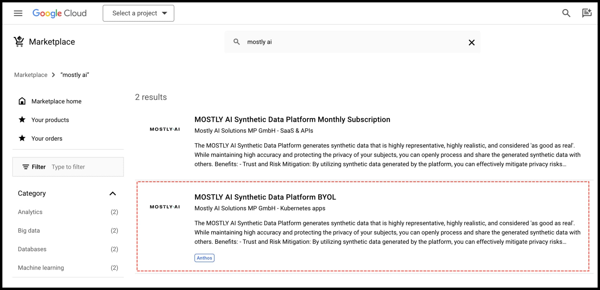GCP Marketplace - View MOSTLY AI offerings