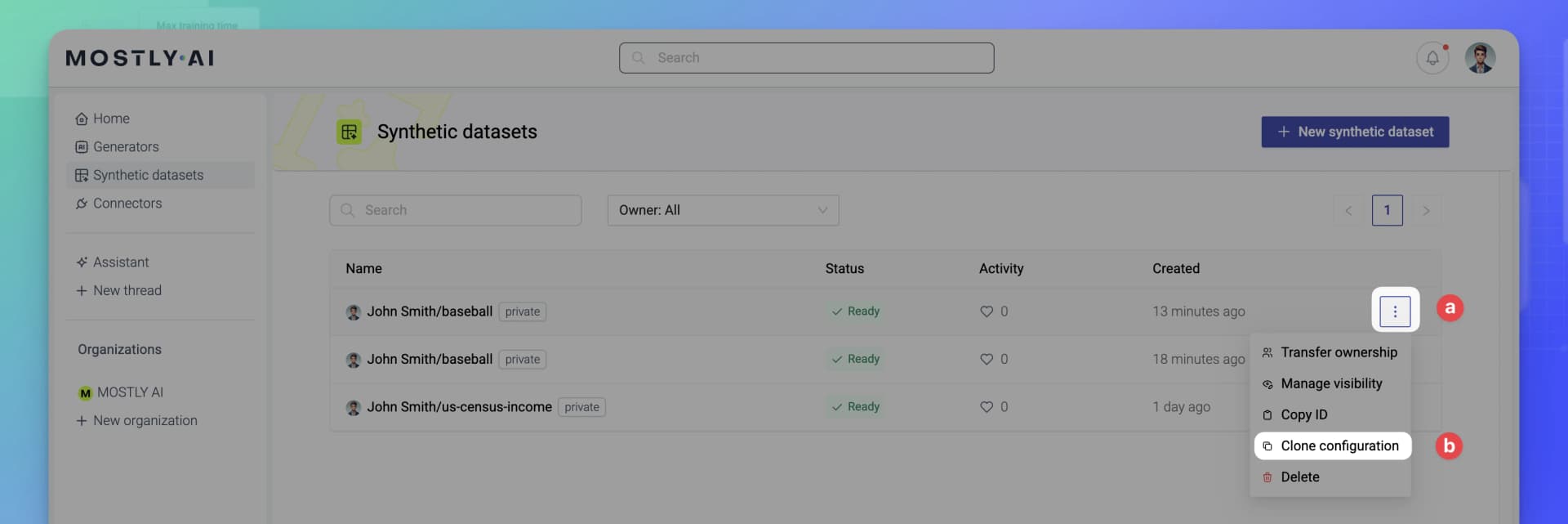 MOSTLY AI - Clone a synthetic dataset - 01 - From synthetic datasets page, kebab menu, Clone