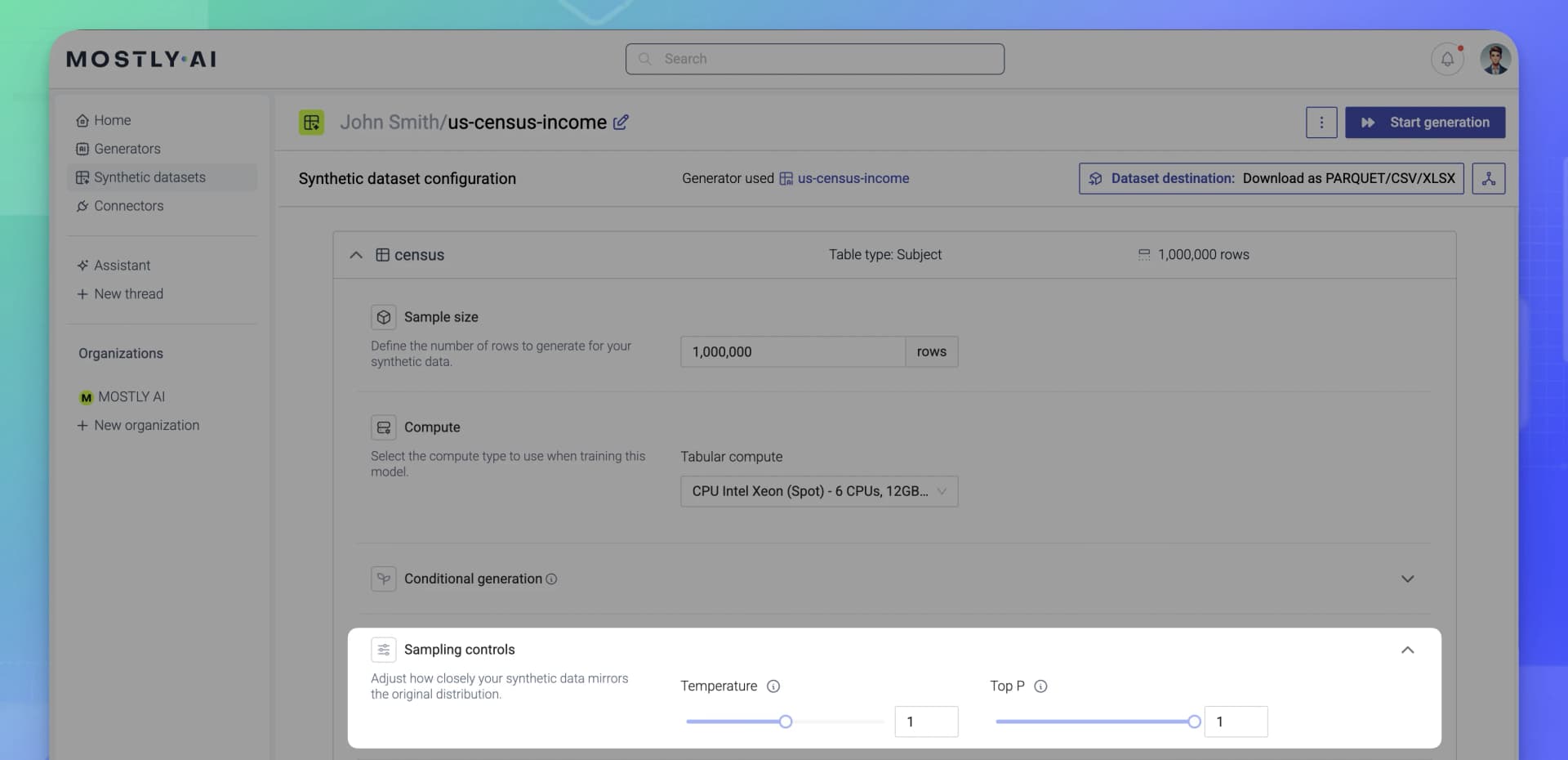 MOSTLY AI - Synthetic datasets - Set temperature and Top P